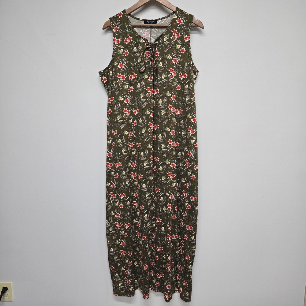 Lily Morgan Floral Lace Up Maxi Dress Womens XL Olive Green Boho Cotttagecore